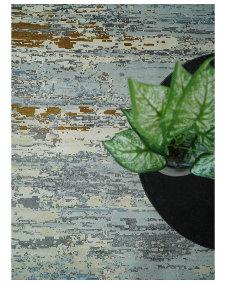 9x12 Fine Hand Knotted Ivory and Blue Modern Abstract Style Antique Wool and Silk Area Rug | AGR22 - The Rug Decor