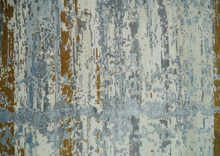 9x12 Fine Hand Knotted Ivory and Blue Modern Abstract Style Antique Wool and Silk Area Rug | AGR22 - The Rug Decor