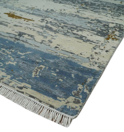 9x12 Fine Hand Knotted Ivory and Blue Modern Abstract Style Antique Wool and Silk Area Rug | AGR22 - The Rug Decor