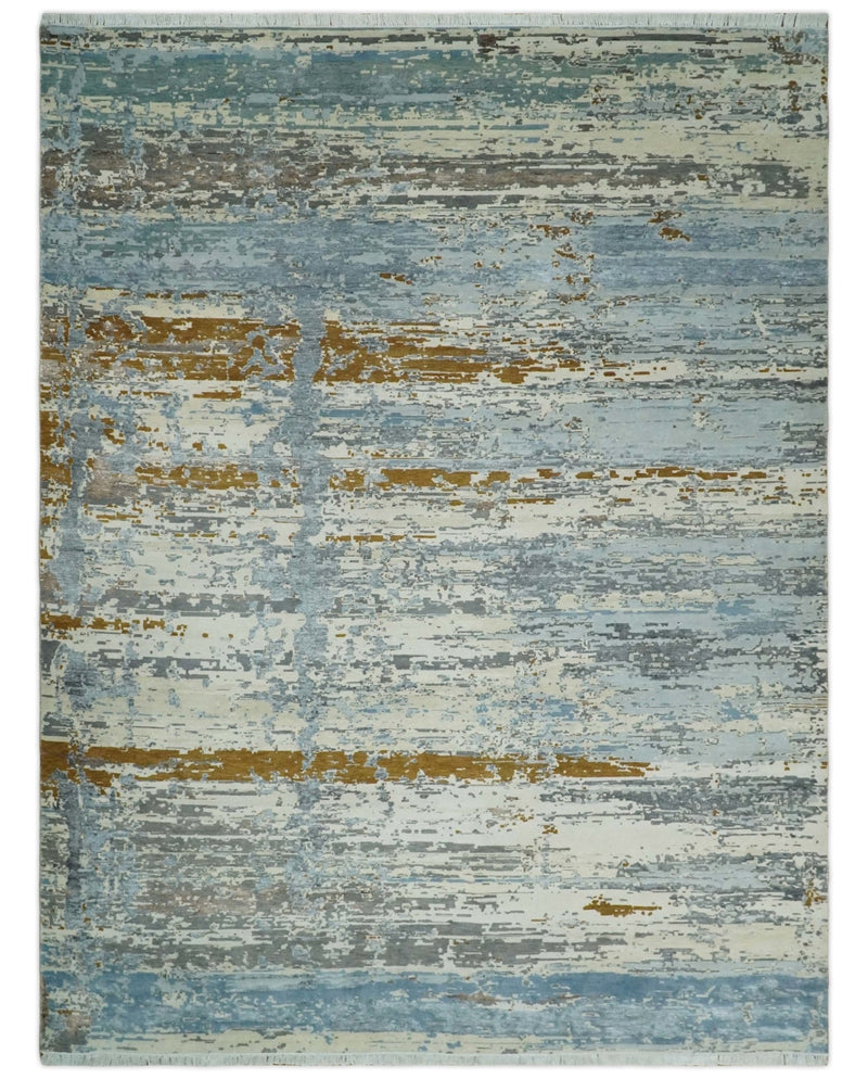 9x12 Fine Hand Knotted Ivory and Blue Modern Abstract Style Antique Wool and Silk Area Rug | AGR22 - The Rug Decor