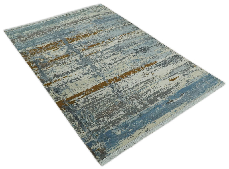 9x12 Fine Hand Knotted Ivory and Blue Modern Abstract Style Antique Wool and Silk Area Rug | AGR22 - The Rug Decor