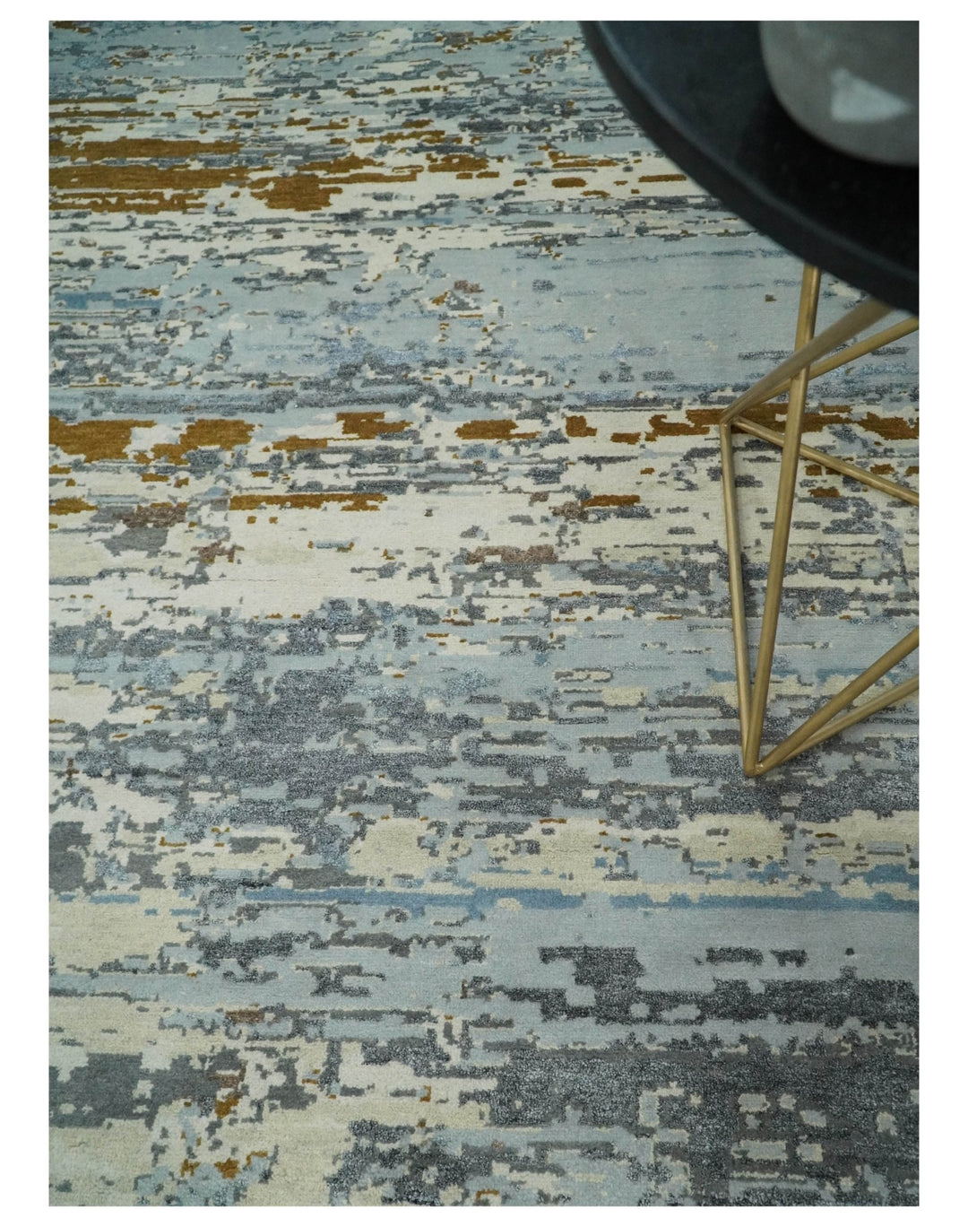 9x12 Fine Hand Knotted Ivory and Blue Modern Abstract Style Antique Wool and Silk Area Rug | AGR22 - The Rug Decor
