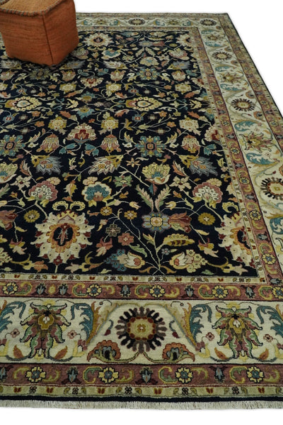 9x12 Fine Hand Knotted Navy Blue and Beige Traditional Vintage Persian Mashad Antique Wool Rug | TRDCP432912 - The Rug Decor