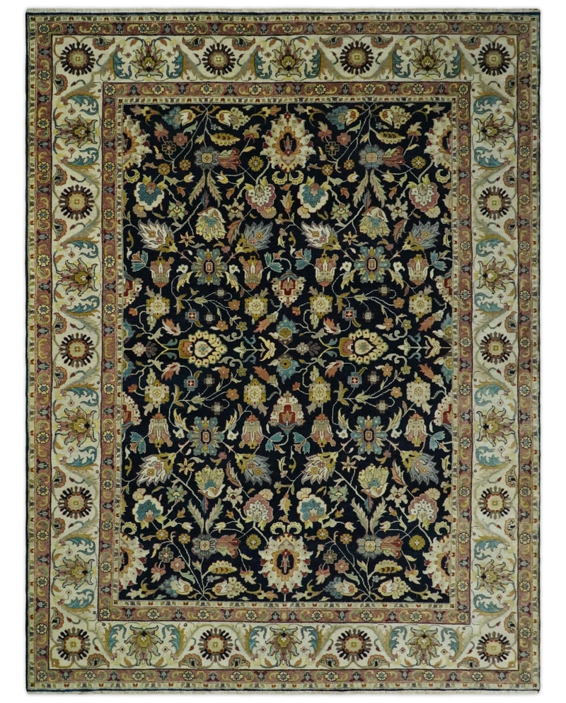 9x12 Fine Hand Knotted Navy Blue and Beige Traditional Vintage Persian Mashad Antique Wool Rug | TRDCP432912 - The Rug Decor