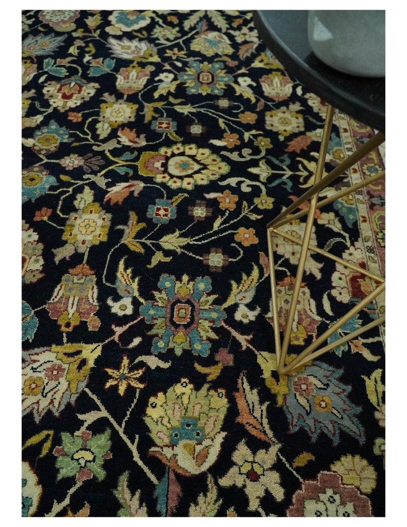 9x12 Fine Hand Knotted Navy Blue and Beige Traditional Vintage Persian Mashad Antique Wool Rug | TRDCP432912 - The Rug Decor