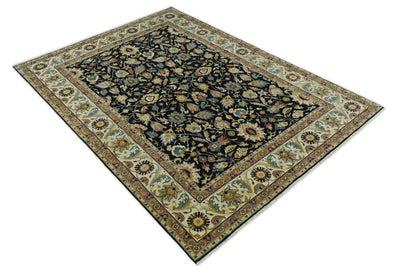 9x12 Fine Hand Knotted Navy Blue and Beige Traditional Vintage Persian Mashad Antique Wool Rug | TRDCP432912 - The Rug Decor