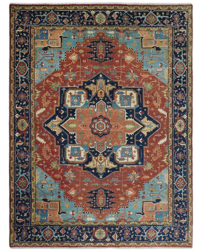 9x12 Fine Hand Knotted Red and Blue Traditional Vintage Heriz Serapi Antique Wool Rug | TRDCP427912 - The Rug Decor