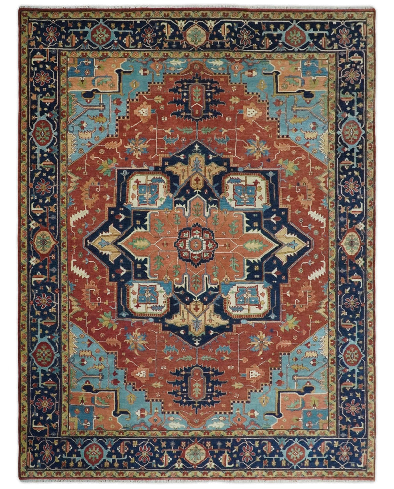 9x12 Fine Hand Knotted Red and Blue Traditional Vintage Heriz Serapi Antique Wool Rug | TRDCP427912 - The Rug Decor