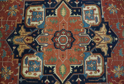 9x12 Fine Hand Knotted Red and Blue Traditional Vintage Heriz Serapi Antique Wool Rug | TRDCP427912 - The Rug Decor