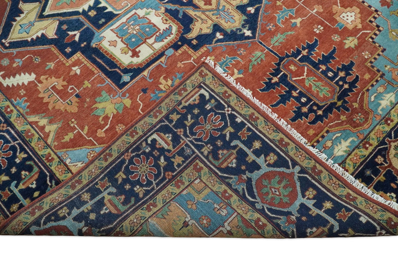 9x12 Fine Hand Knotted Red and Blue Traditional Vintage Heriz Serapi Antique Wool Rug | TRDCP427912 - The Rug Decor