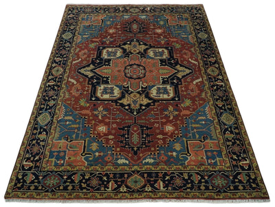 9x12 Fine Hand Knotted Red and Blue Traditional Vintage Heriz Serapi Antique Wool Rug | TRDCP427912B - The Rug Decor