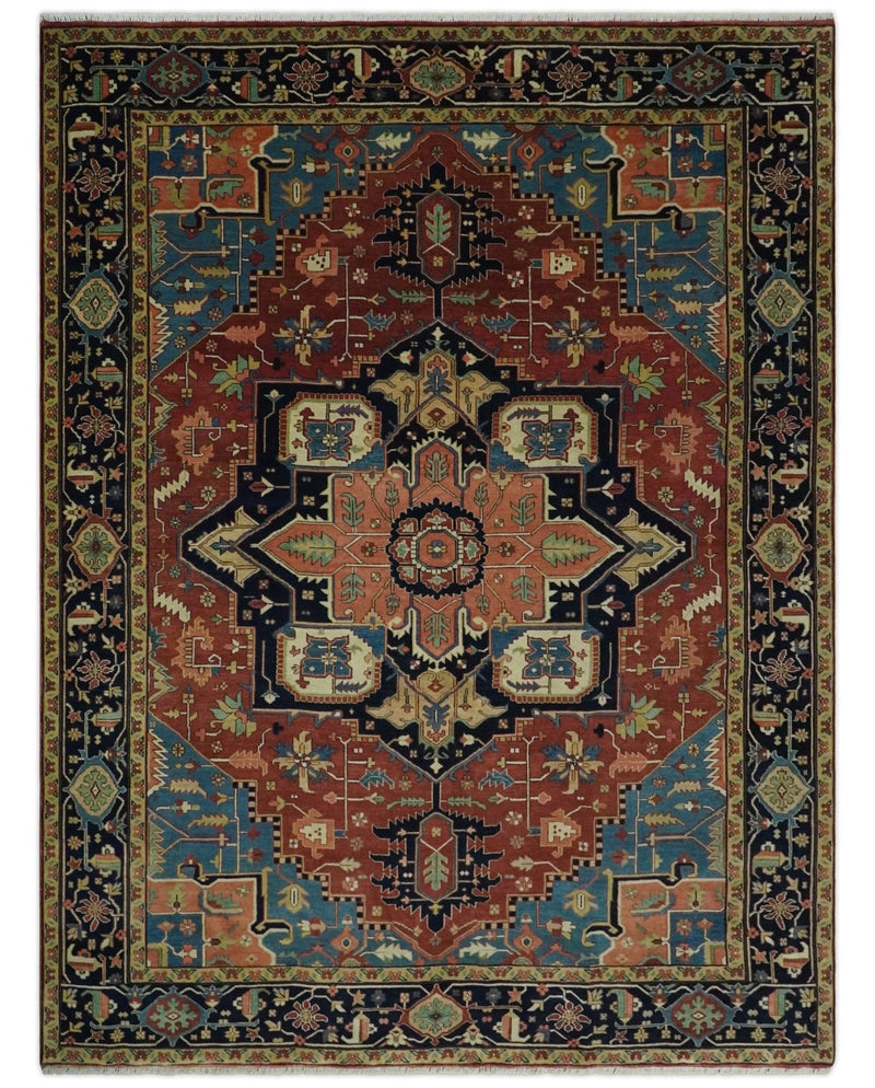 9x12 Fine Hand Knotted Red and Blue Traditional Vintage Heriz Serapi Antique Wool Rug | TRDCP427912B - The Rug Decor
