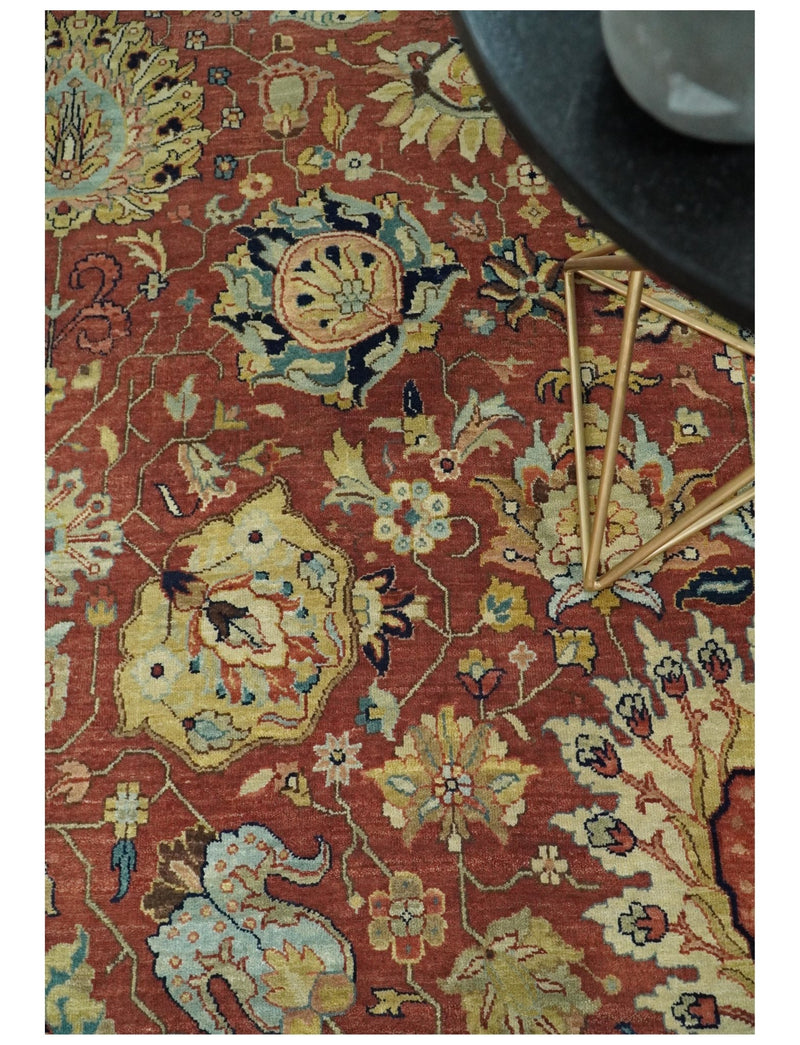 9x12 Fine Hand Knotted Rust and Ivory Traditional Agra Vintage Style Wool Rug | TRDCP437912 - The Rug Decor