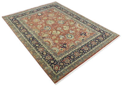 9x12 Fine Hand Knotted Rust and Ivory Traditional Agra Vintage Style Wool Rug | TRDCP437912 - The Rug Decor