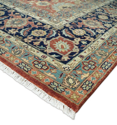 9x12 Fine Hand Knotted Rust and Ivory Traditional Agra Vintage Style Wool Rug | TRDCP437912 - The Rug Decor