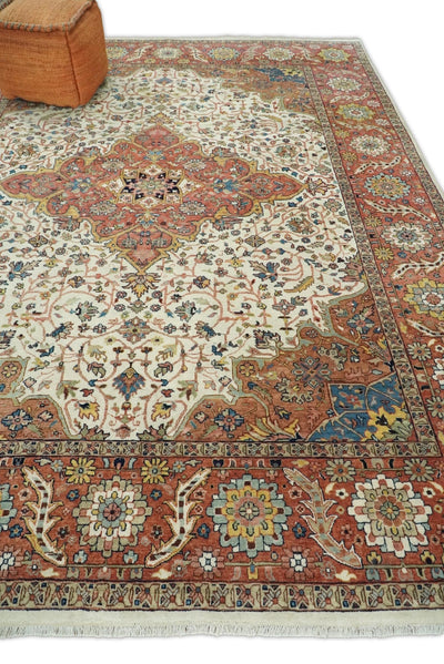 9x12 Fine Hand Knotted Rust and Ivory Traditional Persian Heriz Serapi Vintage Style Wool Rug | TRDCP436912 - The Rug Decor