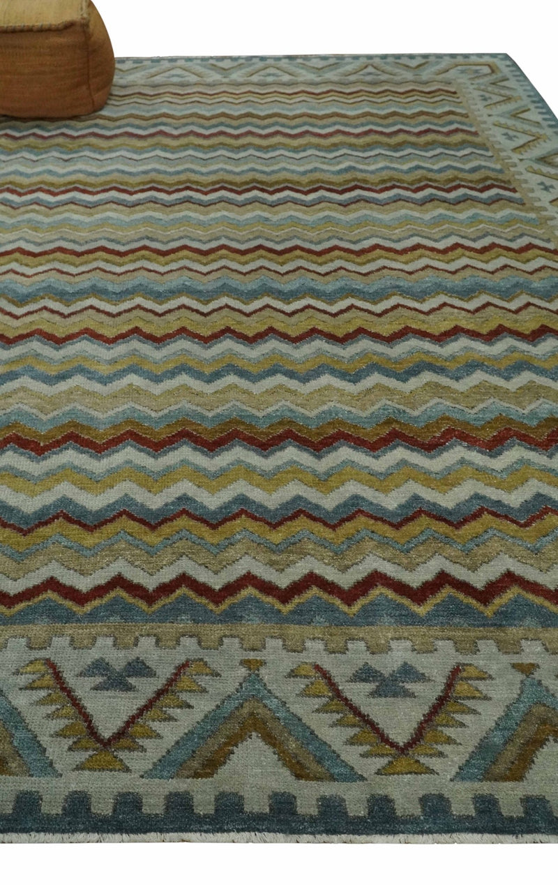 9x12 Gray, Maroon, Ivory and Mustard Stripes Pattern Hand knotted wool Area Rug - The Rug Decor