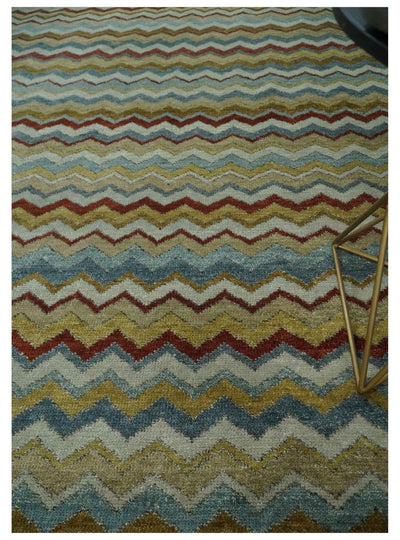 9x12 Gray, Maroon, Ivory and Mustard Stripes Pattern Hand knotted wool Area Rug - The Rug Decor