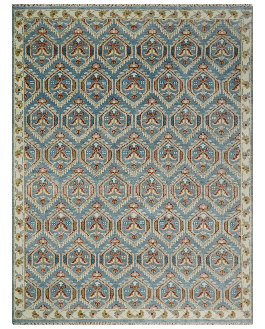 9x12 Hand Knotted Antique Blue, Beige and Rust Traditional Persian Oushak Wool Rug | TRDCP714 - The Rug Decor