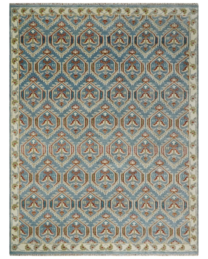 9x12 Hand Knotted Antique Blue, Beige and Rust Traditional Persian Oushak Wool Rug | TRDCP714 - The Rug Decor