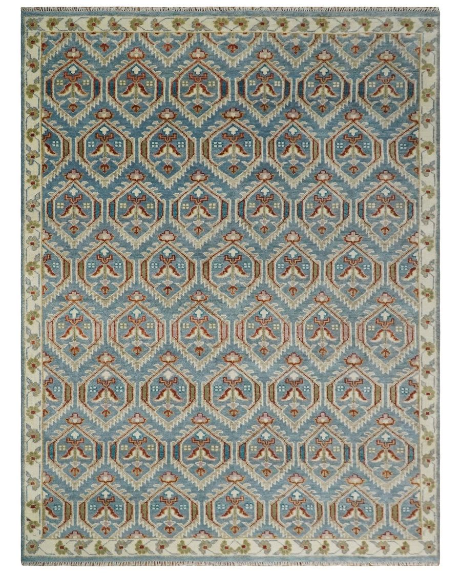 9x12 Hand Knotted Antique Blue, Beige and Rust Traditional Persian Oushak Wool Rug | TRDCP714 - The Rug Decor