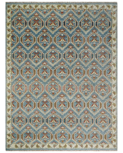 9x12 Hand Knotted Antique Blue, Beige and Rust Traditional Persian Oushak Wool Rug | TRDCP714 - The Rug Decor