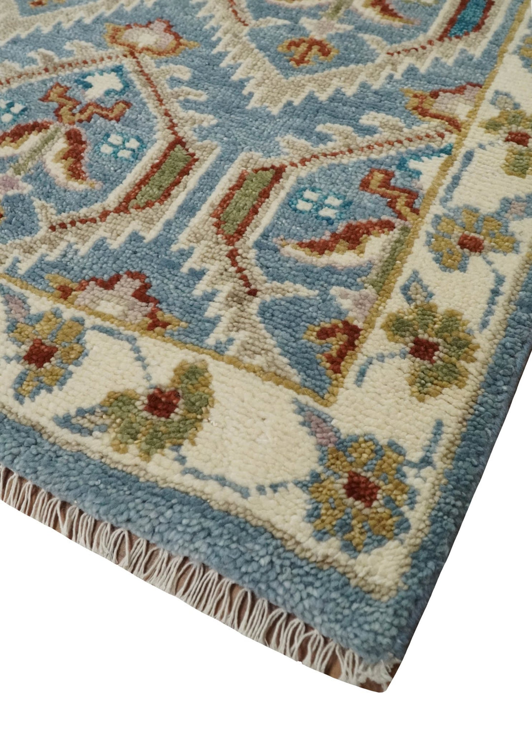 9x12 Hand Knotted Antique Blue, Beige and Rust Traditional Persian Oushak Wool Rug | TRDCP714 - The Rug Decor