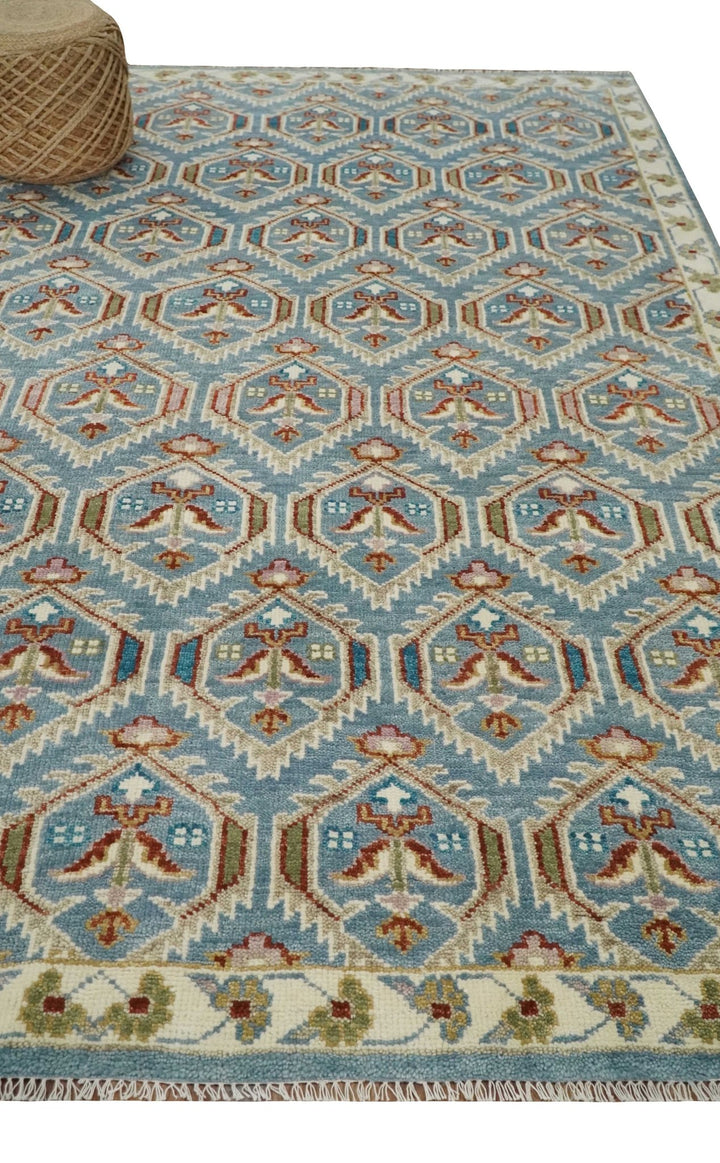 9x12 Hand Knotted Antique Blue, Beige and Rust Traditional Persian Oushak Wool Rug | TRDCP714 - The Rug Decor
