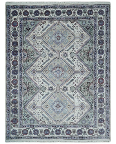 9x12 Hand Knotted Antique Ivory, Silver and Blue Traditional Wool Rug - The Rug Decor
