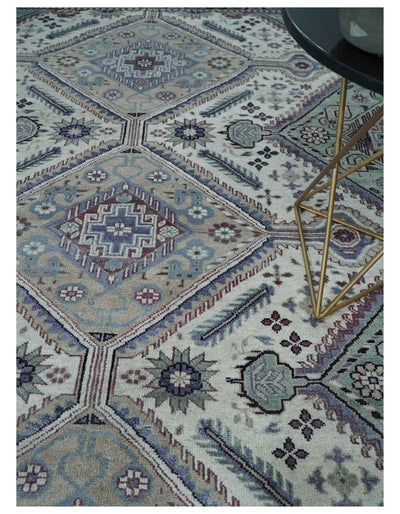 9x12 Hand Knotted Antique Ivory, Silver and Blue Traditional Wool Rug - The Rug Decor