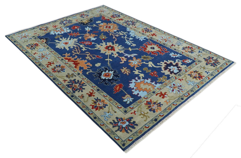 9x12 Hand Knotted Blue and Beige Colorful Oushak Wool Area Rug - The Rug Decor
