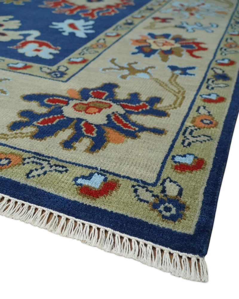 9x12 Hand Knotted Blue and Beige Colorful Oushak Wool Area Rug - The Rug Decor