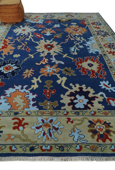 9x12 Hand Knotted Blue and Beige Colorful Oushak Wool Area Rug - The Rug Decor
