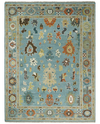 9x12 Hand Knotted Blue and Beige Traditional Vintage Persian Oushak Antique Wool Rug | TRDCP607912 - The Rug Decor