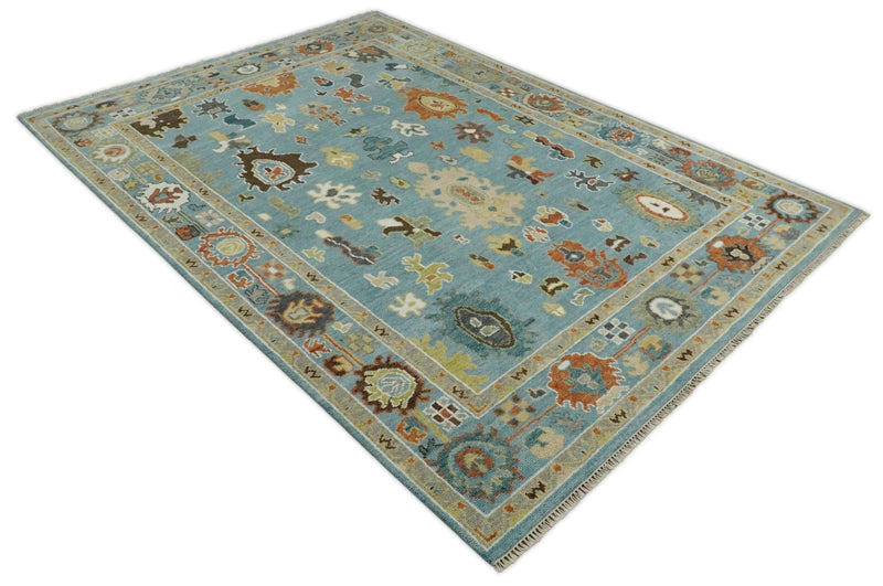 9x12 Hand Knotted Blue and Beige Traditional Vintage Persian Oushak Antique Wool Rug | TRDCP607912 - The Rug Decor