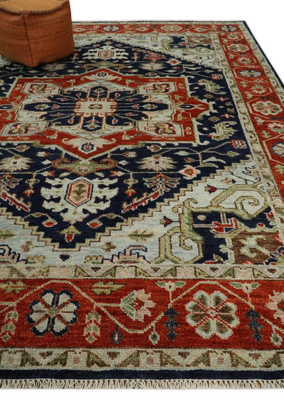 9x12 Hand Knotted Blue and Rust Traditional Heriz Serapi Antique Wool Rug | TRDCP680912 - The Rug Decor
