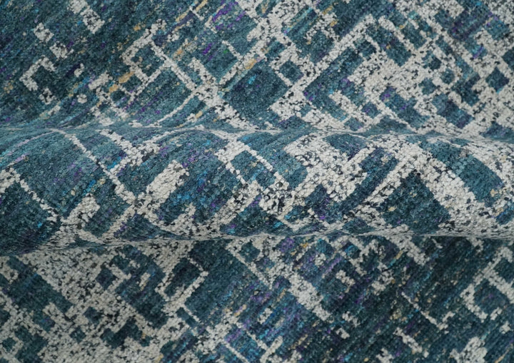 9x12 Hand Knotted Blue and Silver Modern Abstract Contemporary Recycled Silk Area Rug | OP3 - The Rug Decor