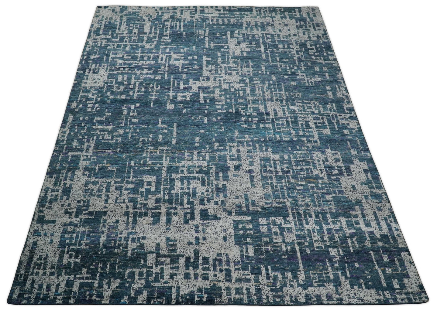 9x12 Hand Knotted Blue and Silver Modern Abstract Contemporary Recycled Silk Area Rug | OP3 - The Rug Decor