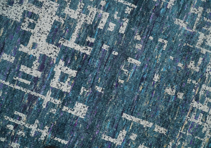 9x12 Hand Knotted Blue and Silver Modern Abstract Contemporary Recycled Silk Area Rug | OP3 - The Rug Decor
