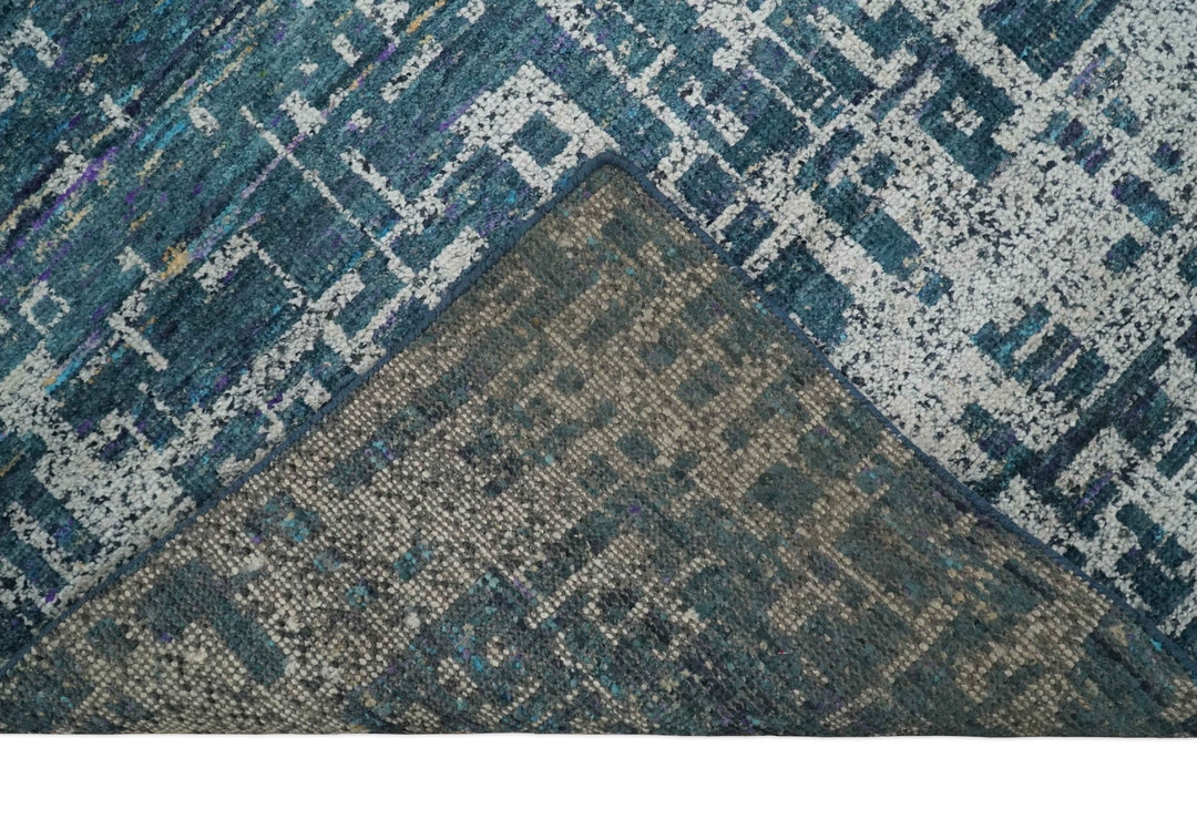 9x12 Hand Knotted Blue and Silver Modern Abstract Contemporary Recycled Silk Area Rug | OP3 - The Rug Decor