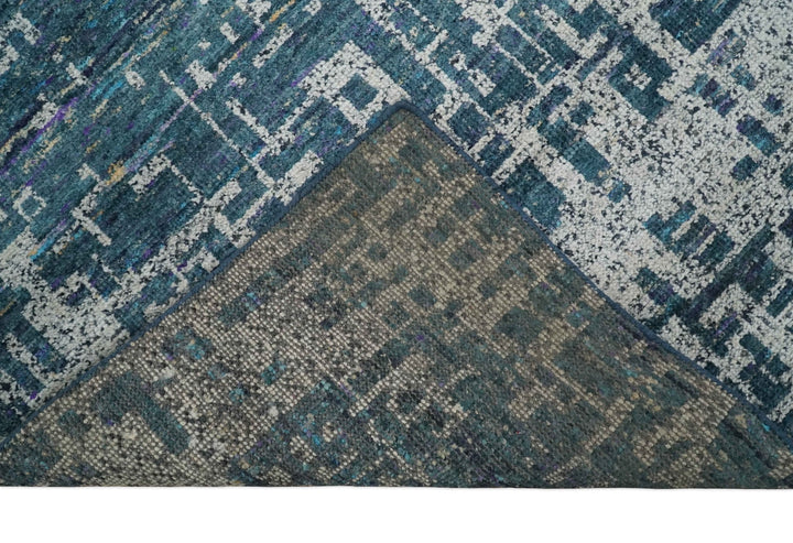 9x12 Hand Knotted Blue and Silver Modern Abstract Contemporary Recycled Silk Area Rug | OP3 - The Rug Decor