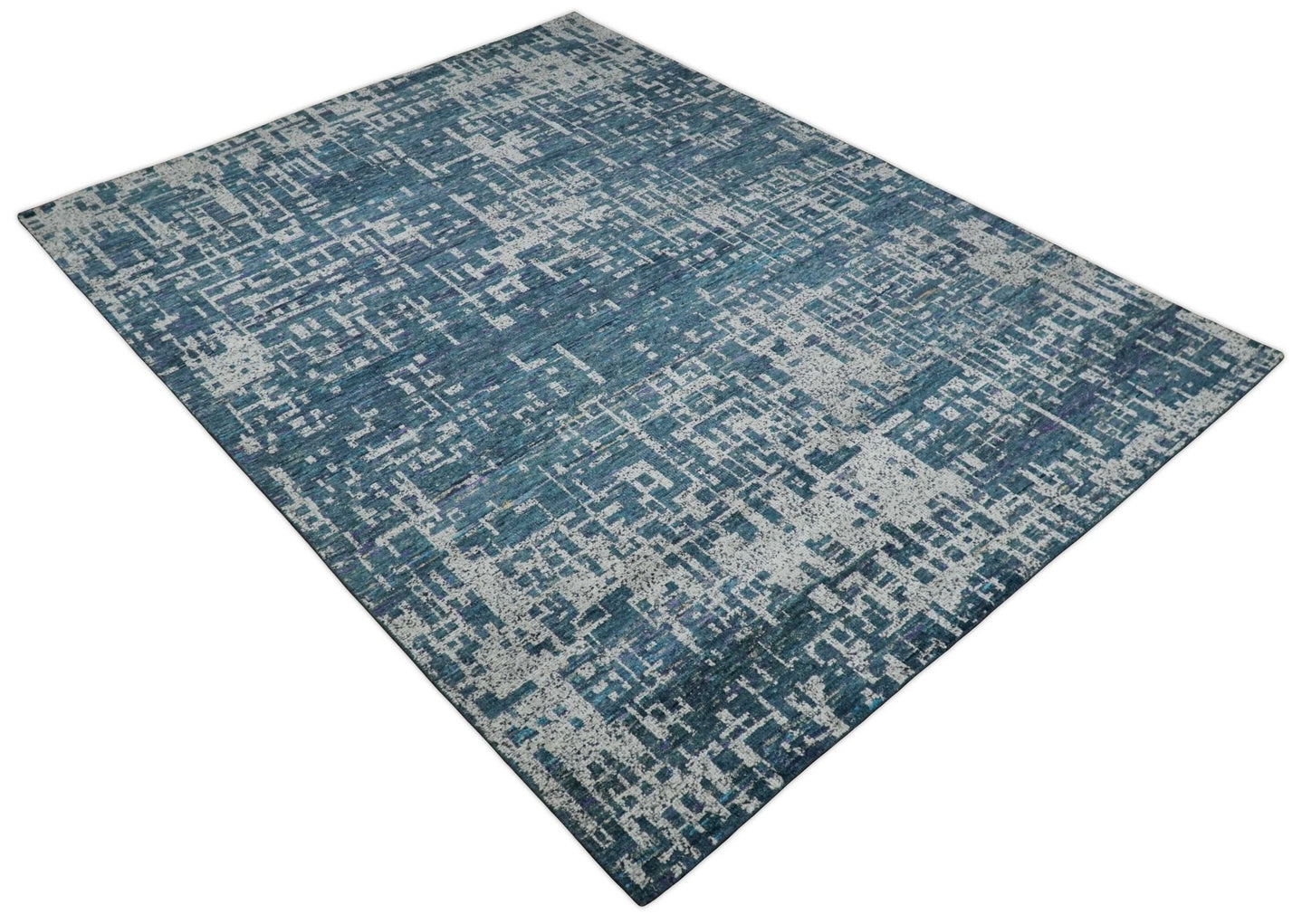 9x12 Hand Knotted Blue and Silver Modern Abstract Contemporary Recycled Silk Area Rug | OP3 - The Rug Decor