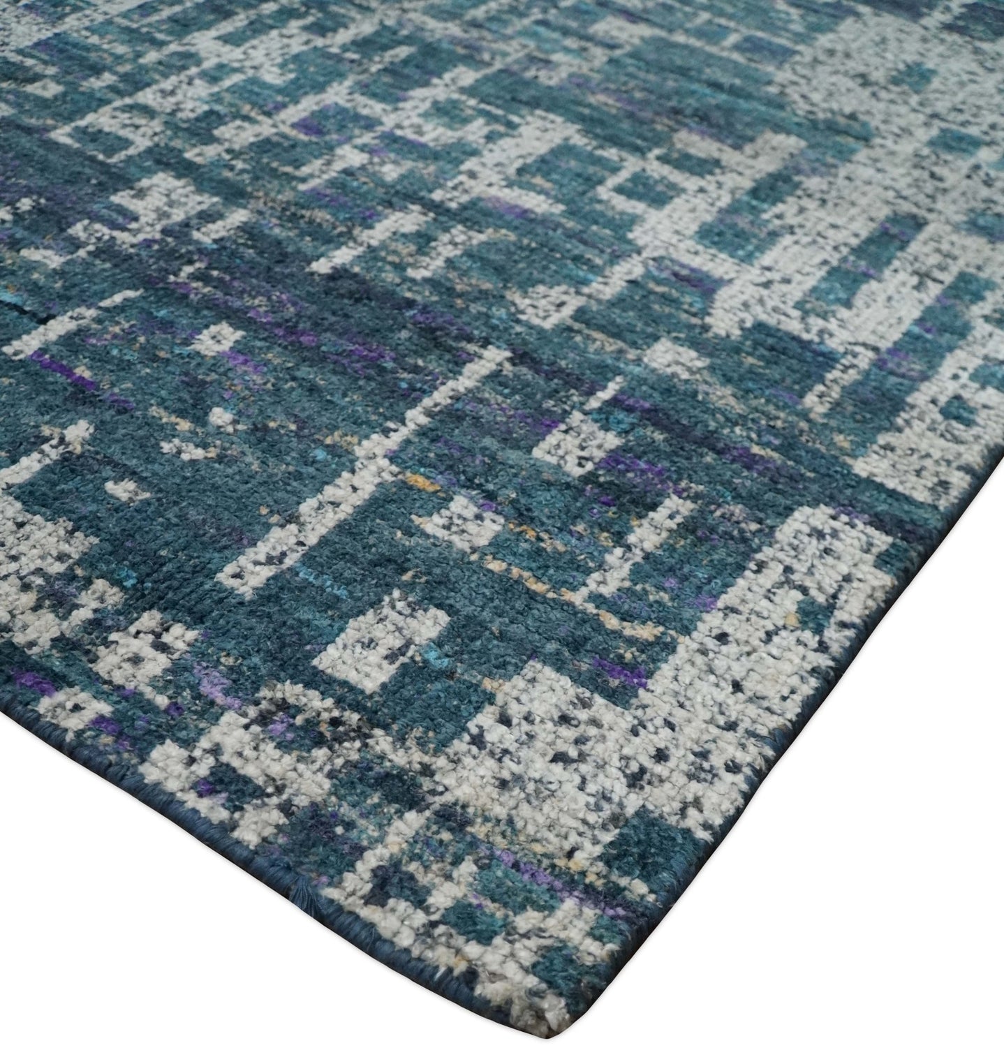 9x12 Hand Knotted Blue and Silver Modern Abstract Contemporary Recycled Silk Area Rug | OP3 - The Rug Decor