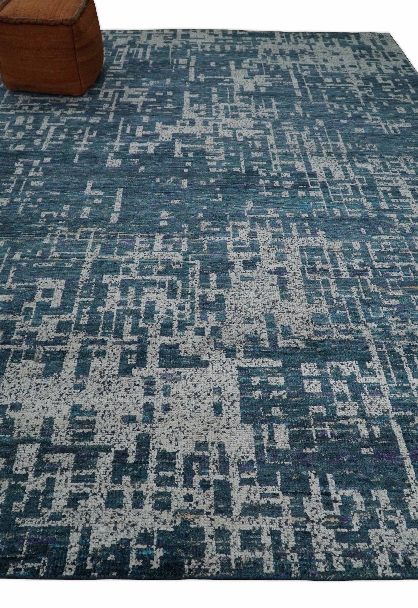 9x12 Hand Knotted Blue and Silver Modern Abstract Contemporary Recycled Silk Area Rug | OP3 - The Rug Decor