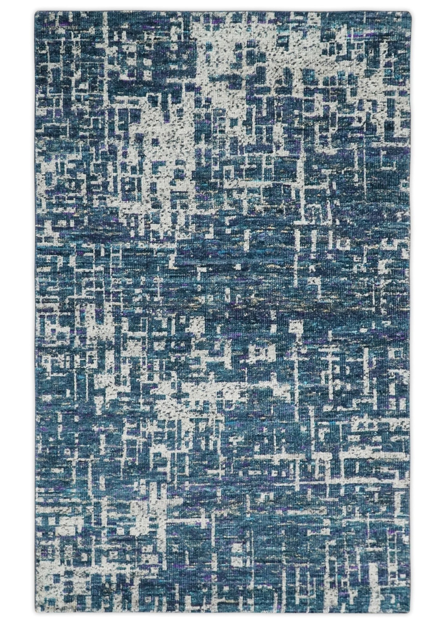 9x12 Hand Knotted Blue and Silver Modern Abstract Contemporary Recycled Silk Area Rug | OP3 - The Rug Decor