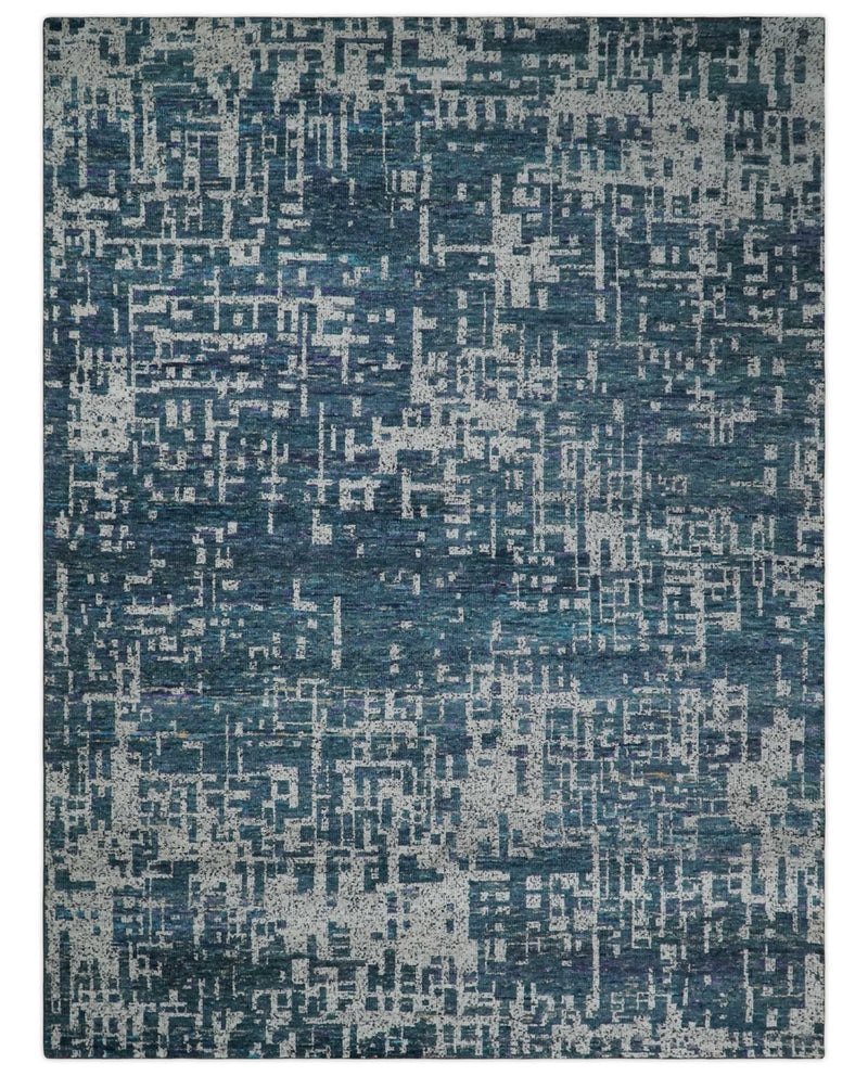 9x12 Hand Knotted Blue and Silver Modern Abstract Contemporary Recycled Silk Area Rug | OP3 - The Rug Decor