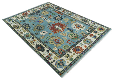 9x12 Hand Knotted Blue, Ivory and Gray vibrant Colorful Oushak Wool Area Rug - The Rug Decor