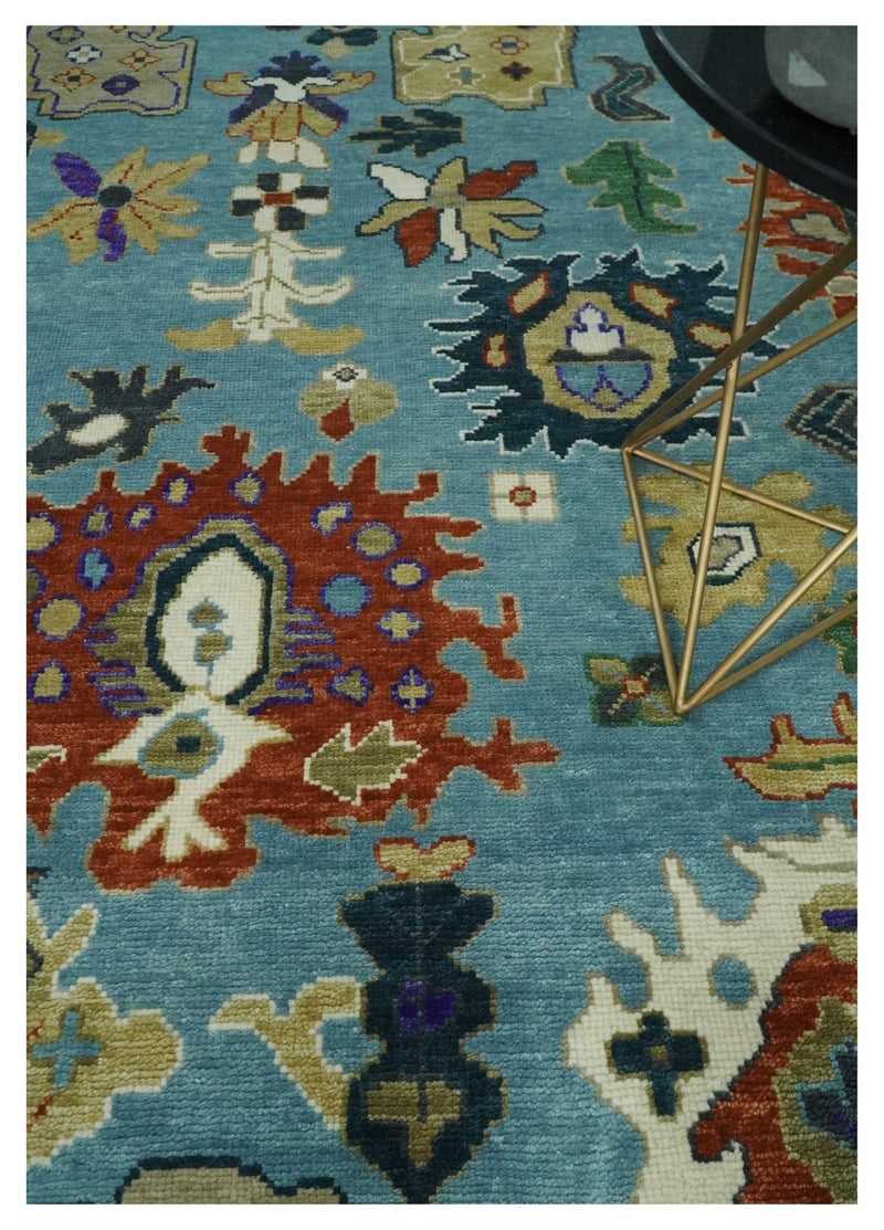 9x12 Hand Knotted Blue, Ivory and Gray vibrant Colorful Oushak Wool Area Rug - The Rug Decor