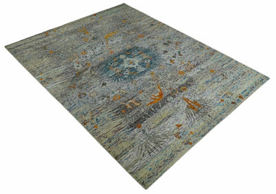 9x12 Hand Knotted Blue, Silver and Camel Modern Persian Style Contemporary Recycled Silk Area Rug | OP26 - The Rug Decor