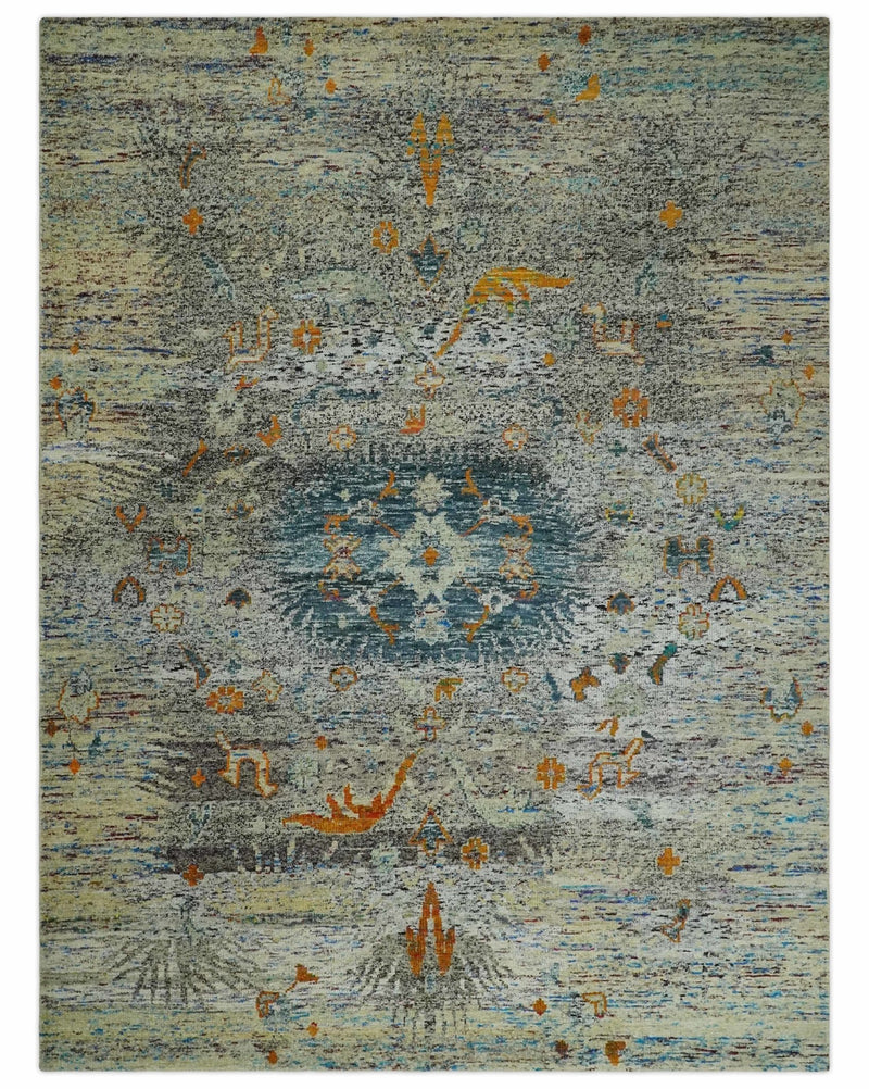 9x12 Hand Knotted Blue, Silver and Camel Modern Persian Style Contemporary Recycled Silk Area Rug | OP26 - The Rug Decor